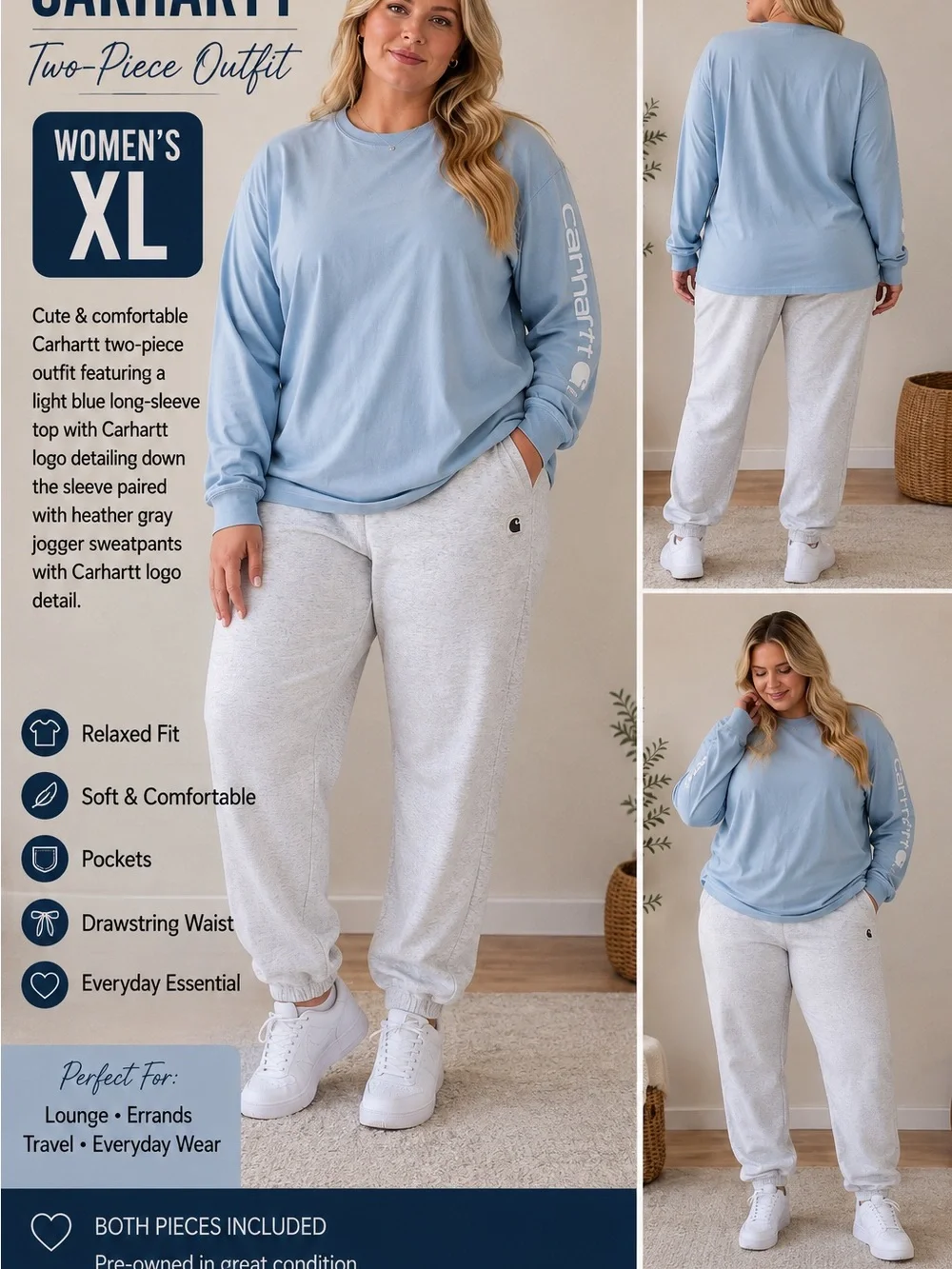 Carhartt Light Blue Long-Sleeve Top with Heather Gray Joggers